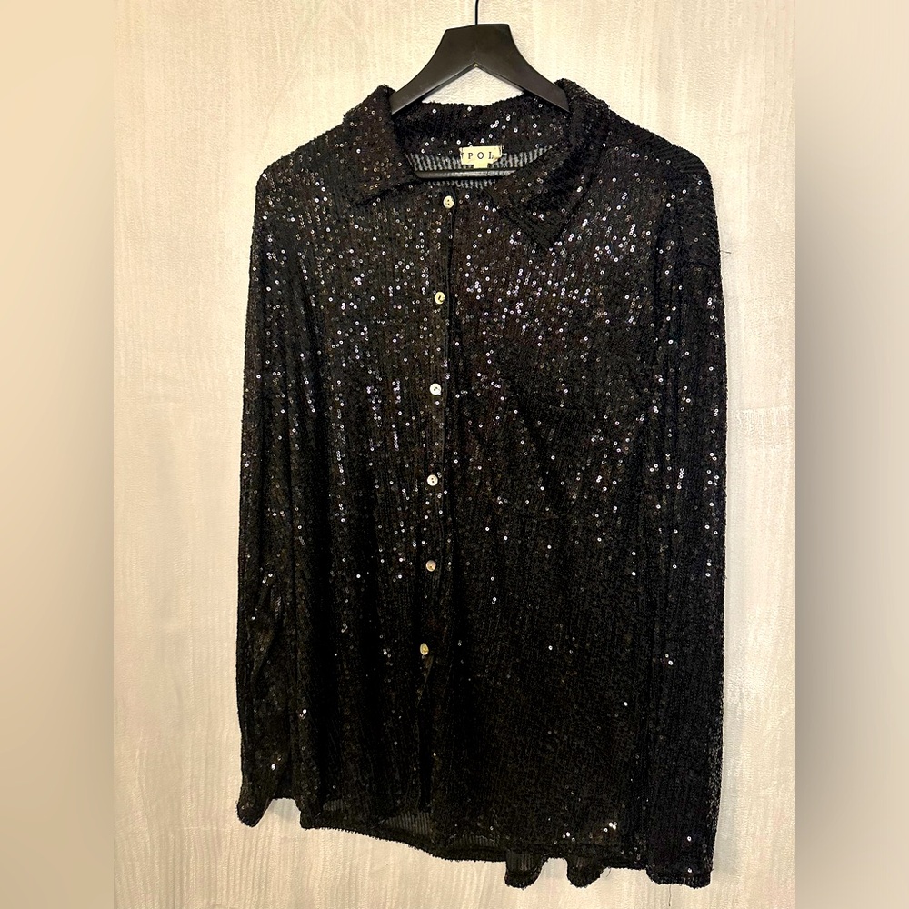 Pol Long sleeve sequin shirt LARGE preloved anthropologie sheer black